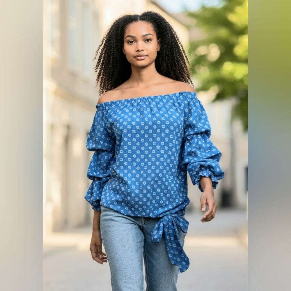 CeCe Blue Patterned Off-Shoulder Blouse